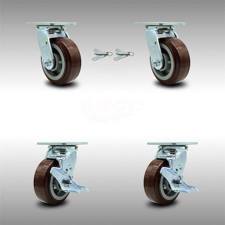 5 Inch SS Polyurethane Caster Set With Roller Bearings 2 Swivel Lock 2 Brake SCC